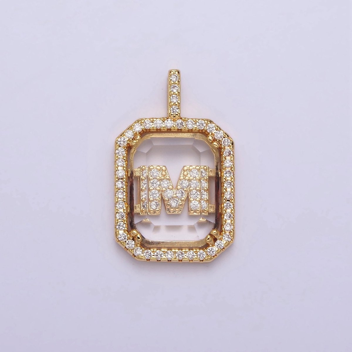 16K Gold Filled A-Z Alphabet Letter Initial Double Bar Baguette Clear Micro Paved CZ Pendant | A-963~A-975 - DLUXCA