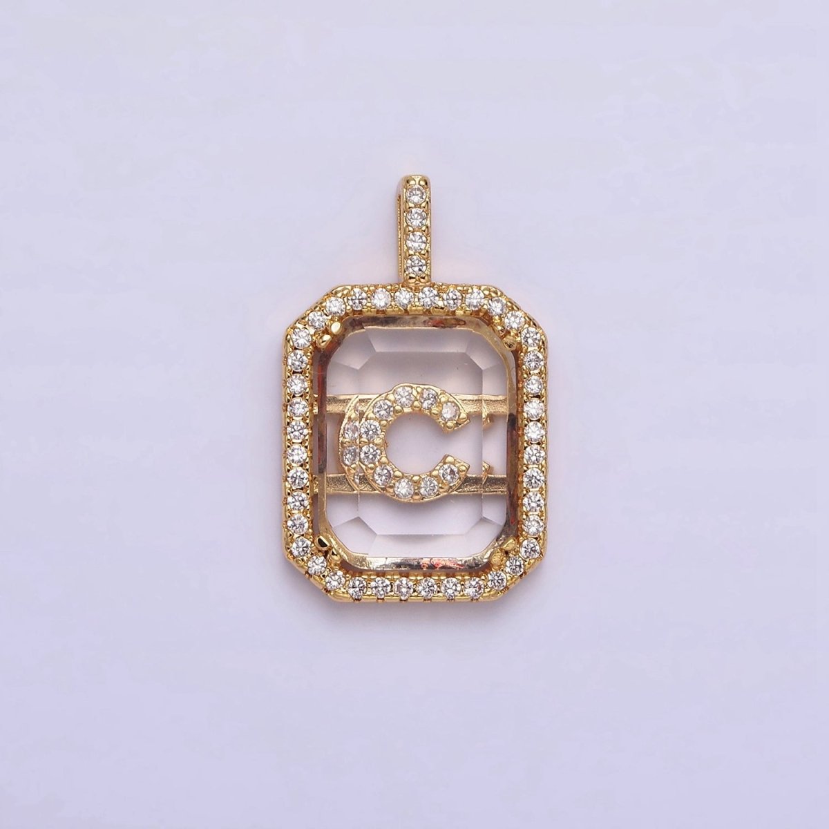 16K Gold Filled A-Z Alphabet Letter Initial Double Bar Baguette Clear Micro Paved CZ Pendant | A-963~A-975 - DLUXCA