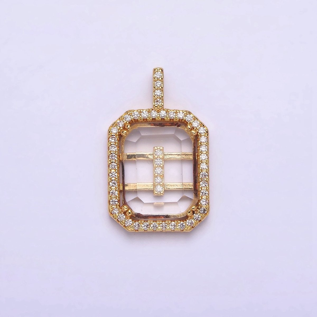 16K Gold Filled A-Z Alphabet Letter Initial Double Bar Baguette Clear Micro Paved CZ Pendant | A-963~A-975 - DLUXCA