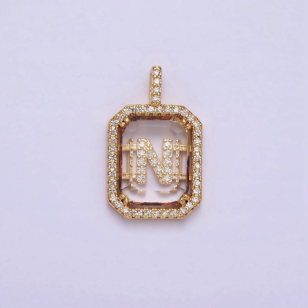 16K Gold Filled A-Z Alphabet Letter Initial Double Bar Baguette Clear Micro Paved CZ Pendant | A-963~A-975 - DLUXCA