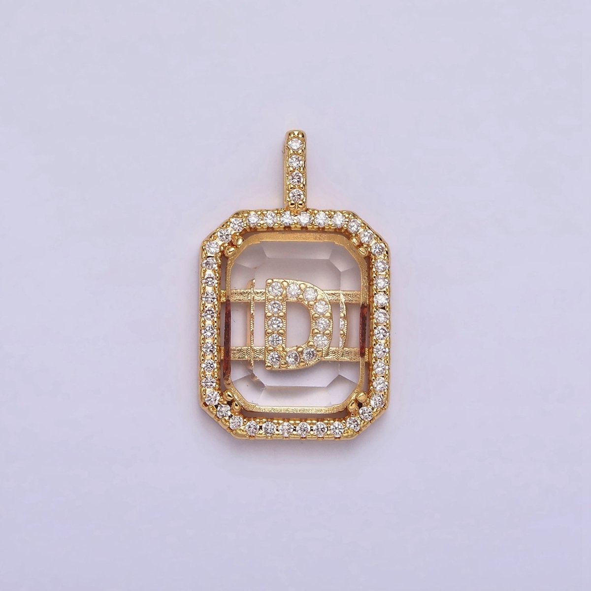 16K Gold Filled A-Z Alphabet Letter Initial Double Bar Baguette Clear Micro Paved CZ Pendant | A-963~A-975 - DLUXCA