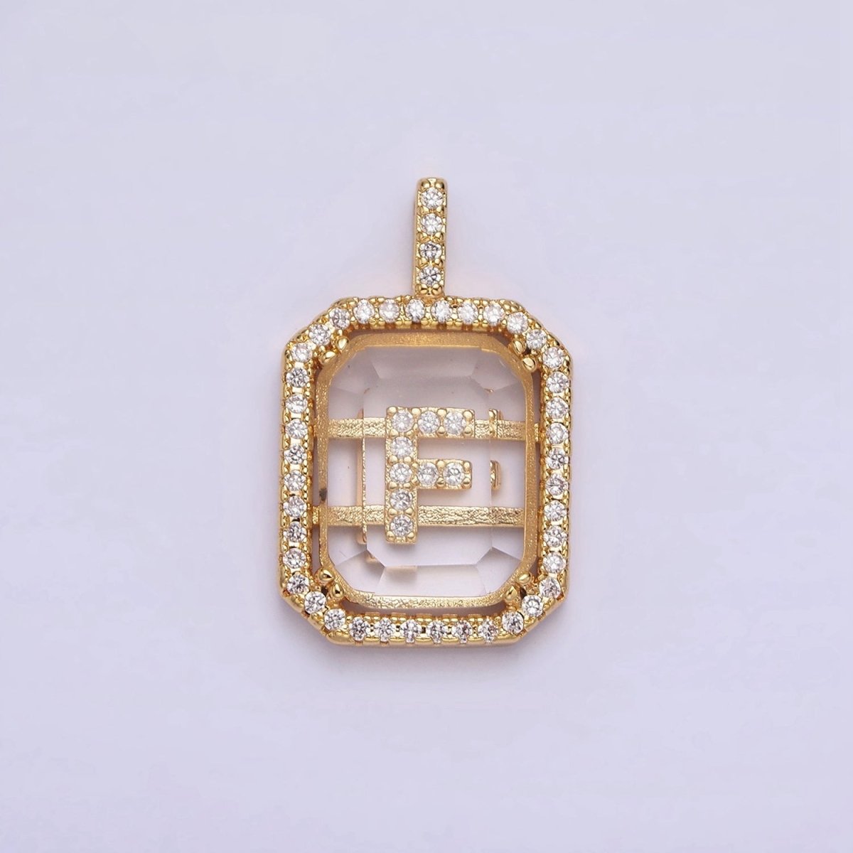 16K Gold Filled A-Z Alphabet Letter Initial Double Bar Baguette Clear Micro Paved CZ Pendant | A-963~A-975 - DLUXCA