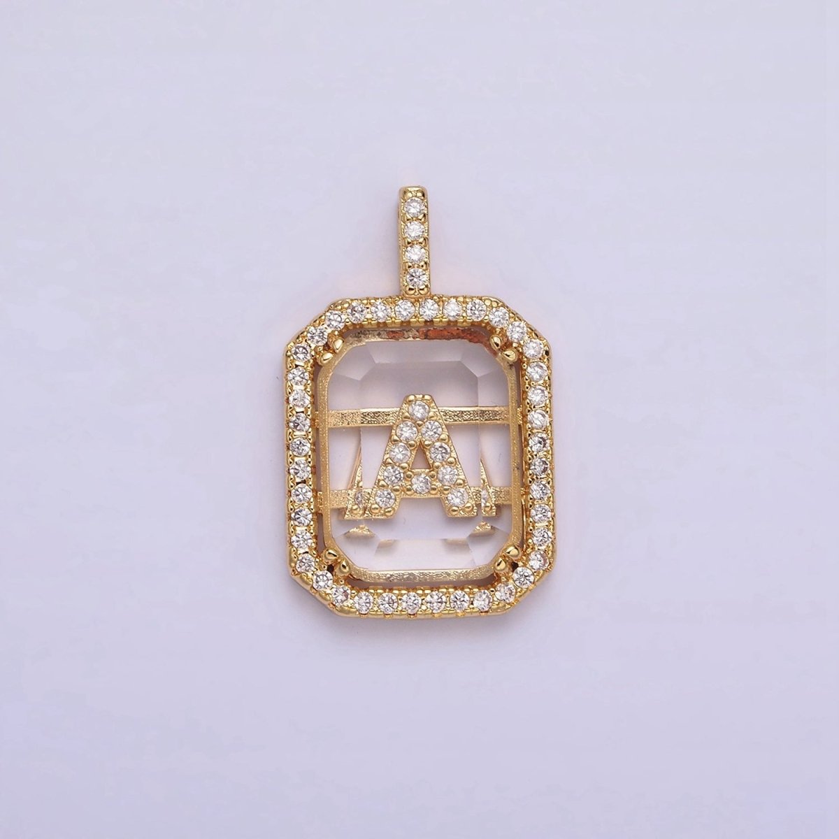 16K Gold Filled A-Z Alphabet Letter Initial Double Bar Baguette Clear Micro Paved CZ Pendant | A-963~A-975 - DLUXCA