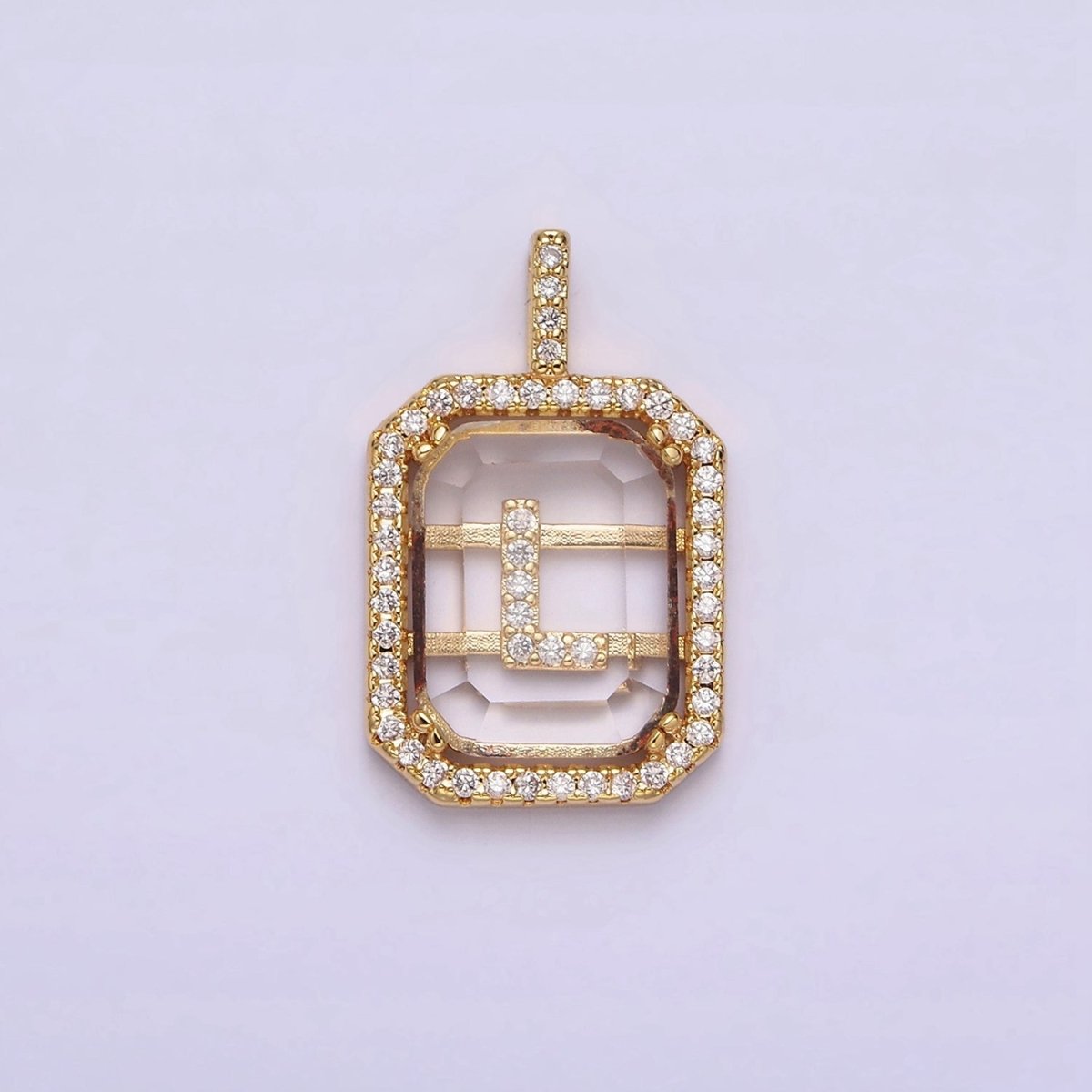 16K Gold Filled A-Z Alphabet Letter Initial Double Bar Baguette Clear Micro Paved CZ Pendant | A-963~A-975 - DLUXCA