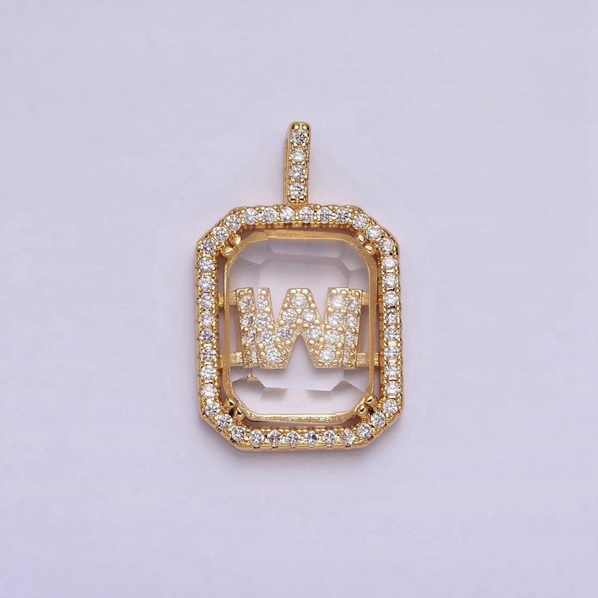 16K Gold Filled A-Z Alphabet Letter Initial Double Bar Baguette Clear Micro Paved CZ Pendant | A-963~A-975 - DLUXCA