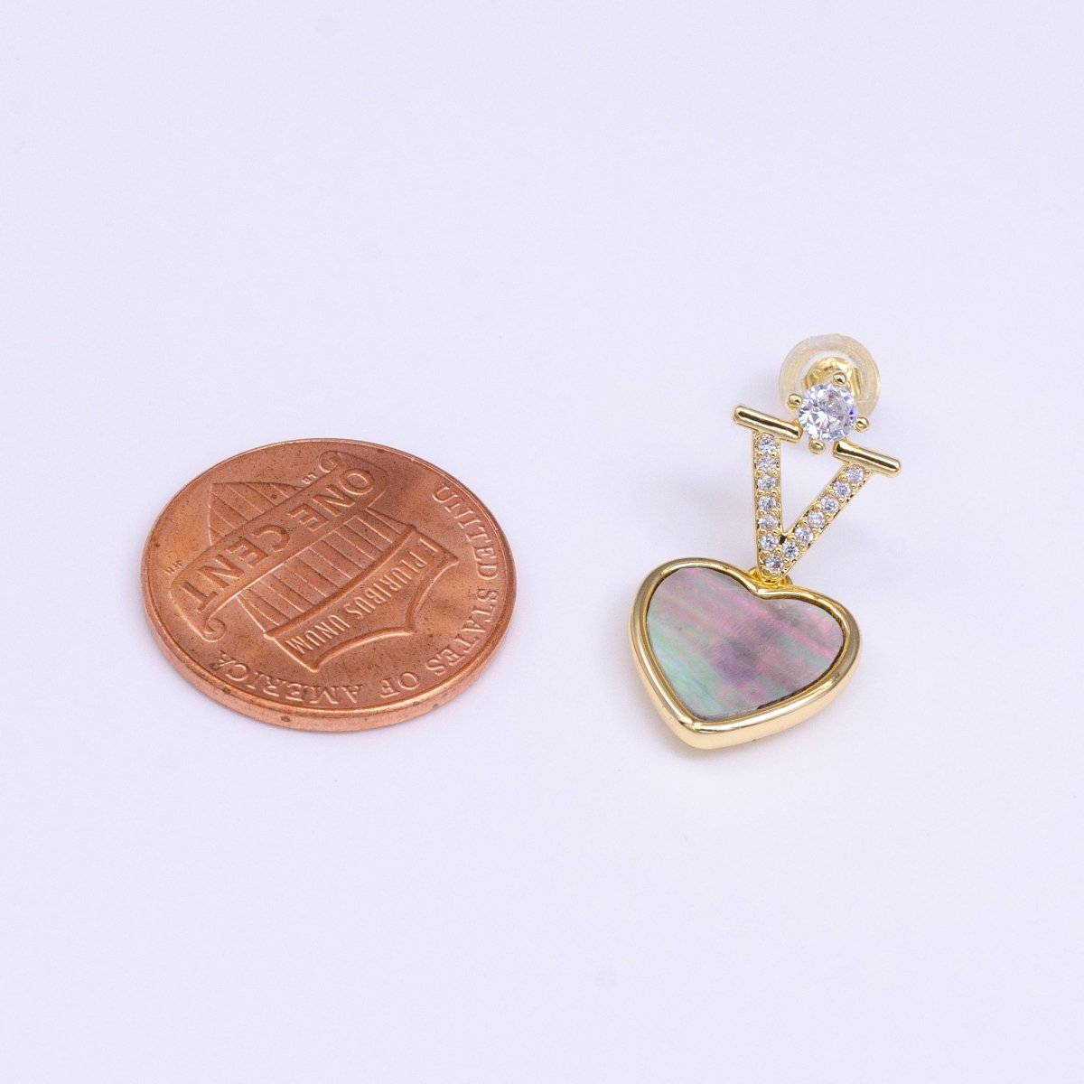 16K Gold Filled Abalone Heart Micro Paved CZ Drop Stud Earrings in Gold & Silver | Y-845 Y-846 - DLUXCA