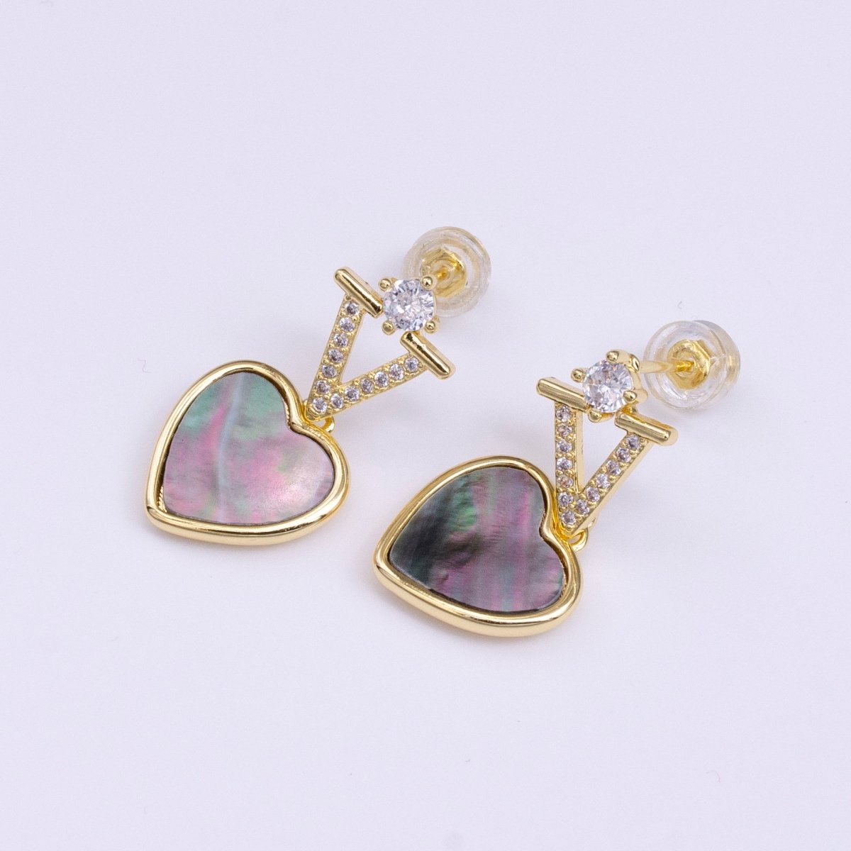 16K Gold Filled Abalone Heart Micro Paved CZ Drop Stud Earrings in Gold & Silver | Y-845 Y-846 - DLUXCA