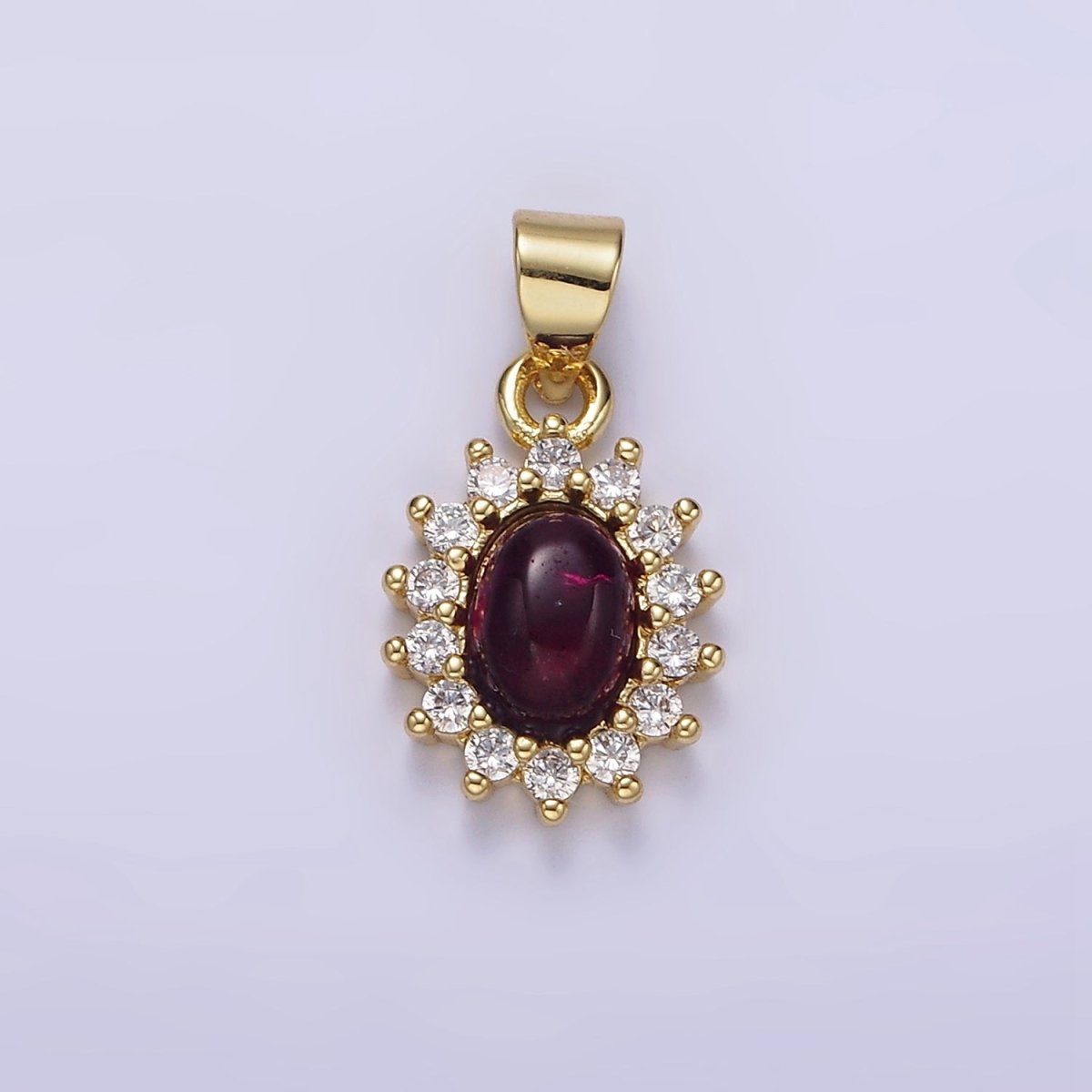 16K Gold Filled Amethyst Cabochon Clear CZ Lined Oval Pendant | AA655 - DLUXCA