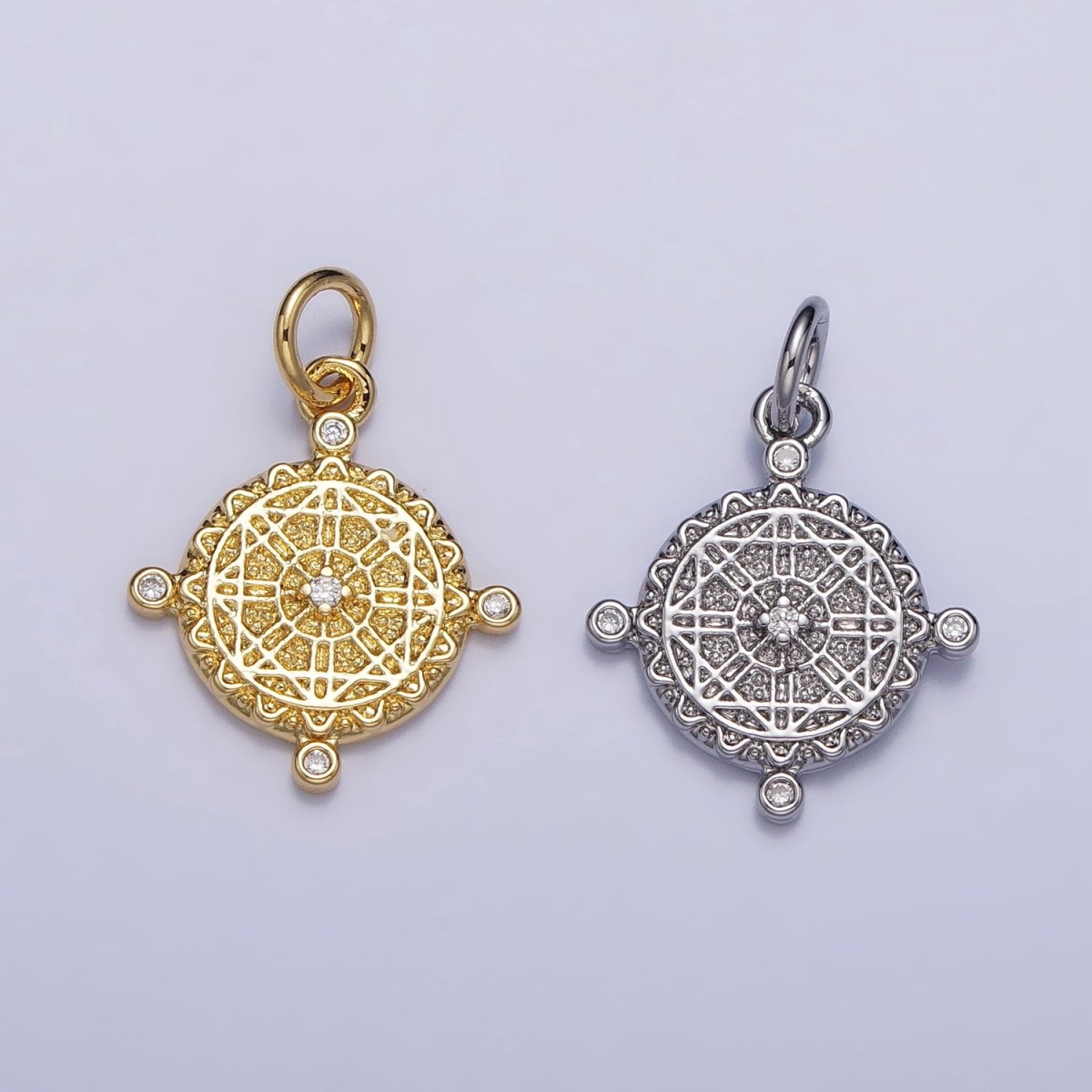 16K Gold Filled Artisan Geometric Round Dotted CZ Charm in Gold & Silver | AC1290 AC1291 - DLUXCA