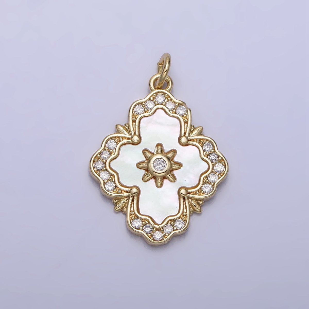 16K Gold Filled Artisan Quatrefoil Celestial Star CZ Micro Paved Shell Pearl Charm | AC1054 - DLUXCA