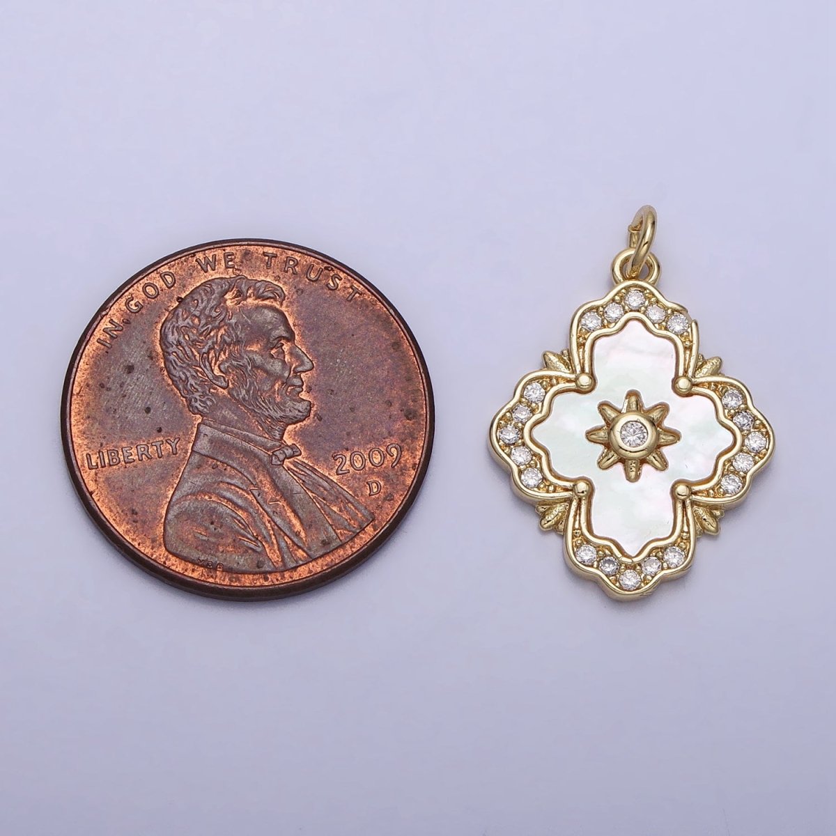 16K Gold Filled Artisan Quatrefoil Celestial Star CZ Micro Paved Shell Pearl Charm | AC1054 - DLUXCA