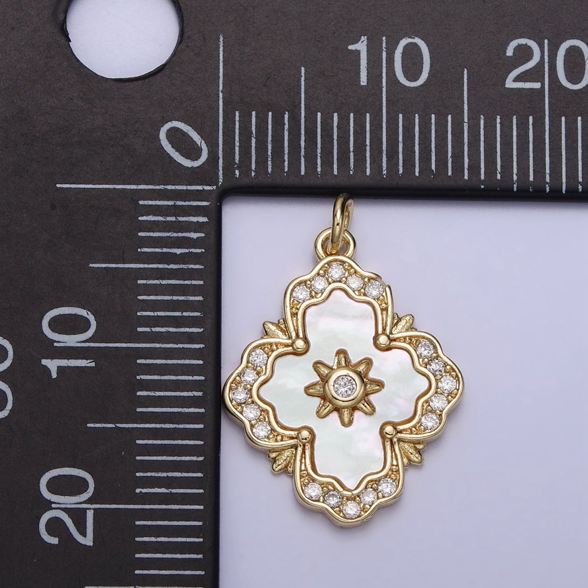 16K Gold Filled Artisan Quatrefoil Celestial Star CZ Micro Paved Shell Pearl Charm | AC1054 - DLUXCA