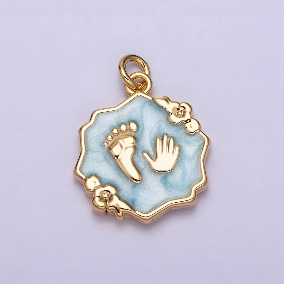 16K Gold Filled Baby Shower Hand & Feet White, Pink, Blue Sparkly Enamel Flower Charm | AC1111 - AC1116 - DLUXCA