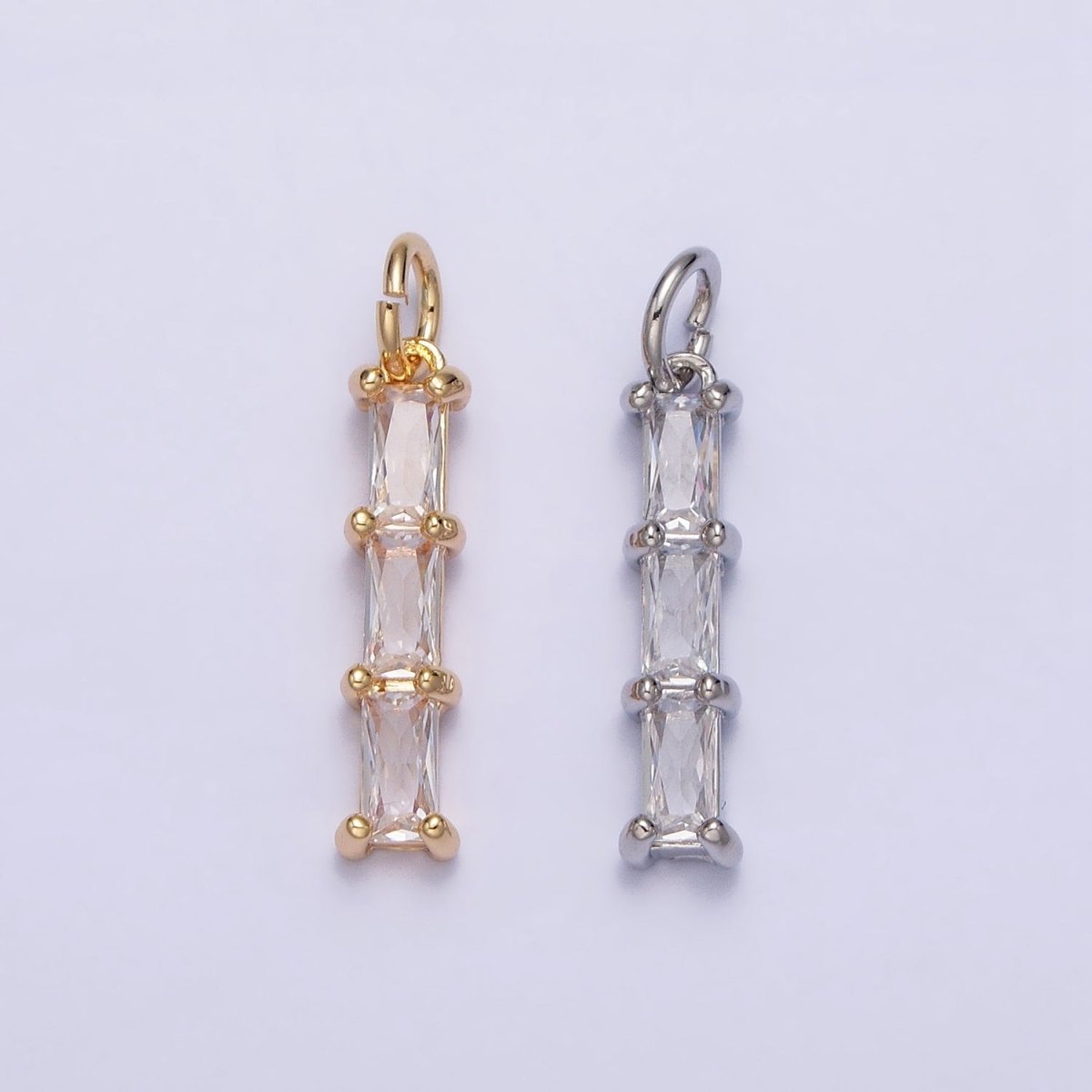 16K Gold Filled Bamboo Clear Baguette CZ Linear Lined Charm in Gold & Silver | AC1225 AC1226 - DLUXCA