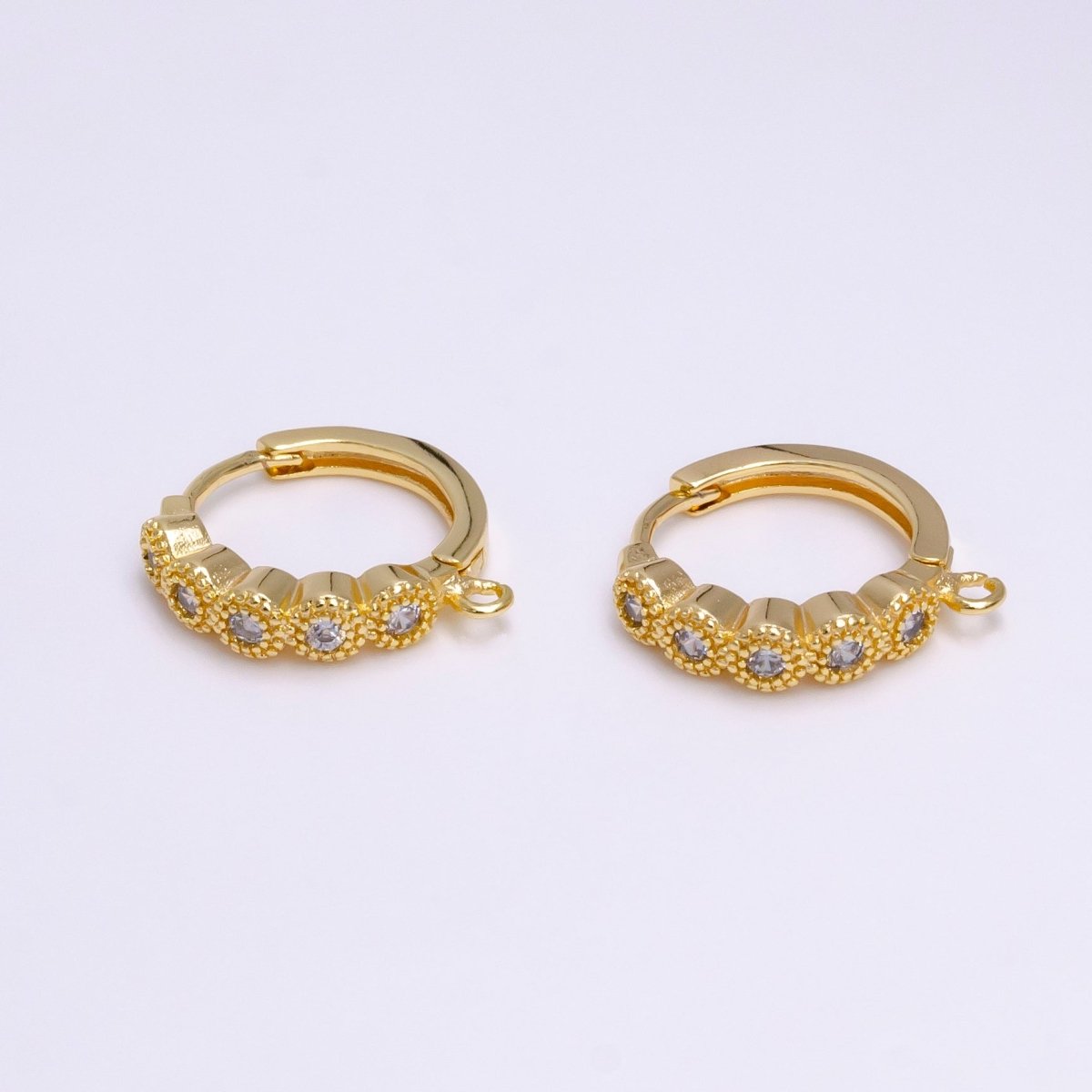 16K Gold Filled Beaded Round Clear CZ Lined 16.5mm Open Loop Huggie Earrings Supply | Z-912 - DLUXCA