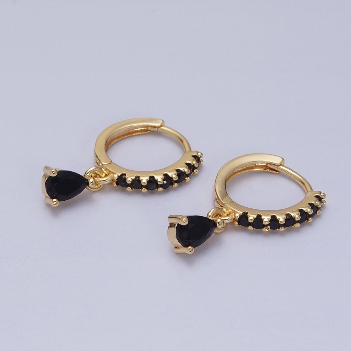 16K Gold Filled Black CZ Teardrop Micro Paved Huggie Earrings in Gold & Silver | AD839 AD840 - DLUXCA