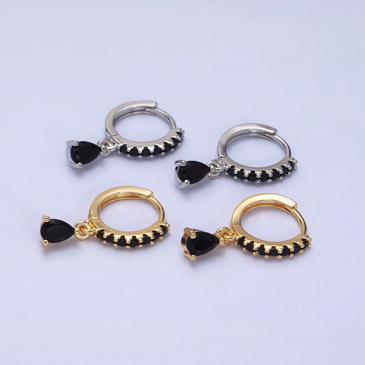 16K Gold Filled Black CZ Teardrop Micro Paved Huggie Earrings in Gold & Silver | AD839 AD840 - DLUXCA