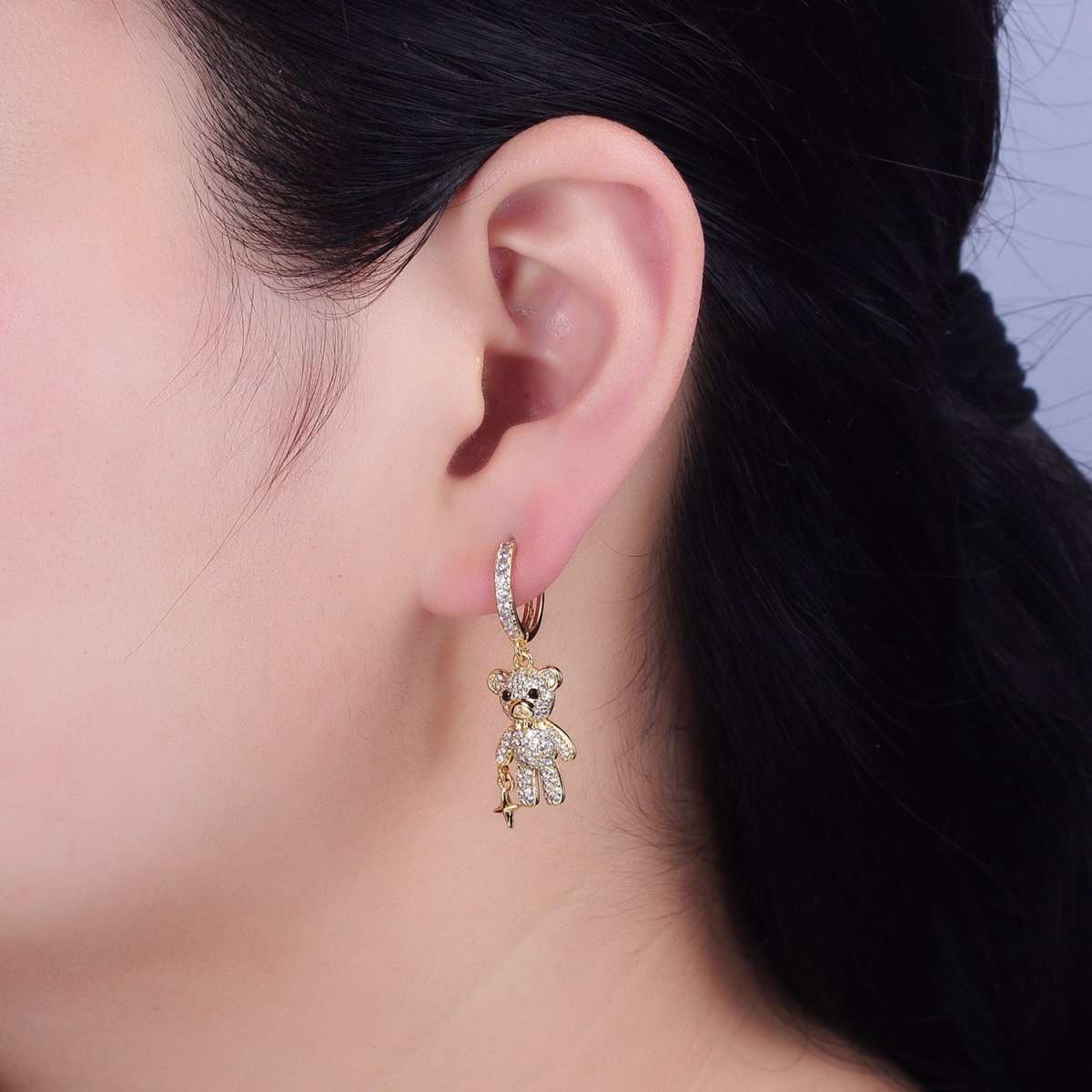 16K Gold Filled Black-Eyed Bear Celestial Star Dangle Micro Paved CZ Drop Huggie Earrings in Gold & Silver | AB1467 AB1468 - DLUXCA
