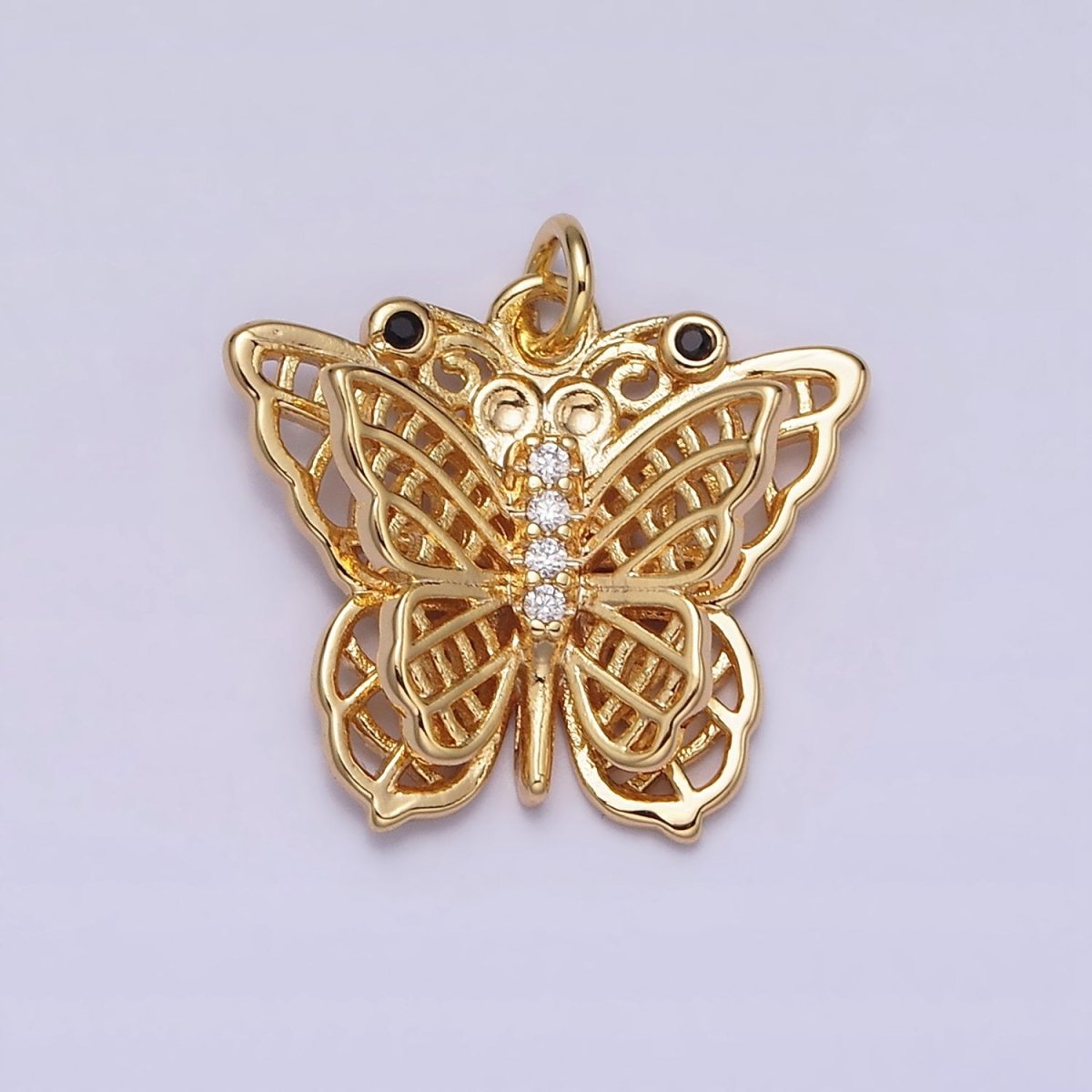 16K Gold Filled Black-Eyed CZ Double Filigree Butterfly Wings Micro Paved Charm in Gold & Silver | AC1292 AC1293 - DLUXCA