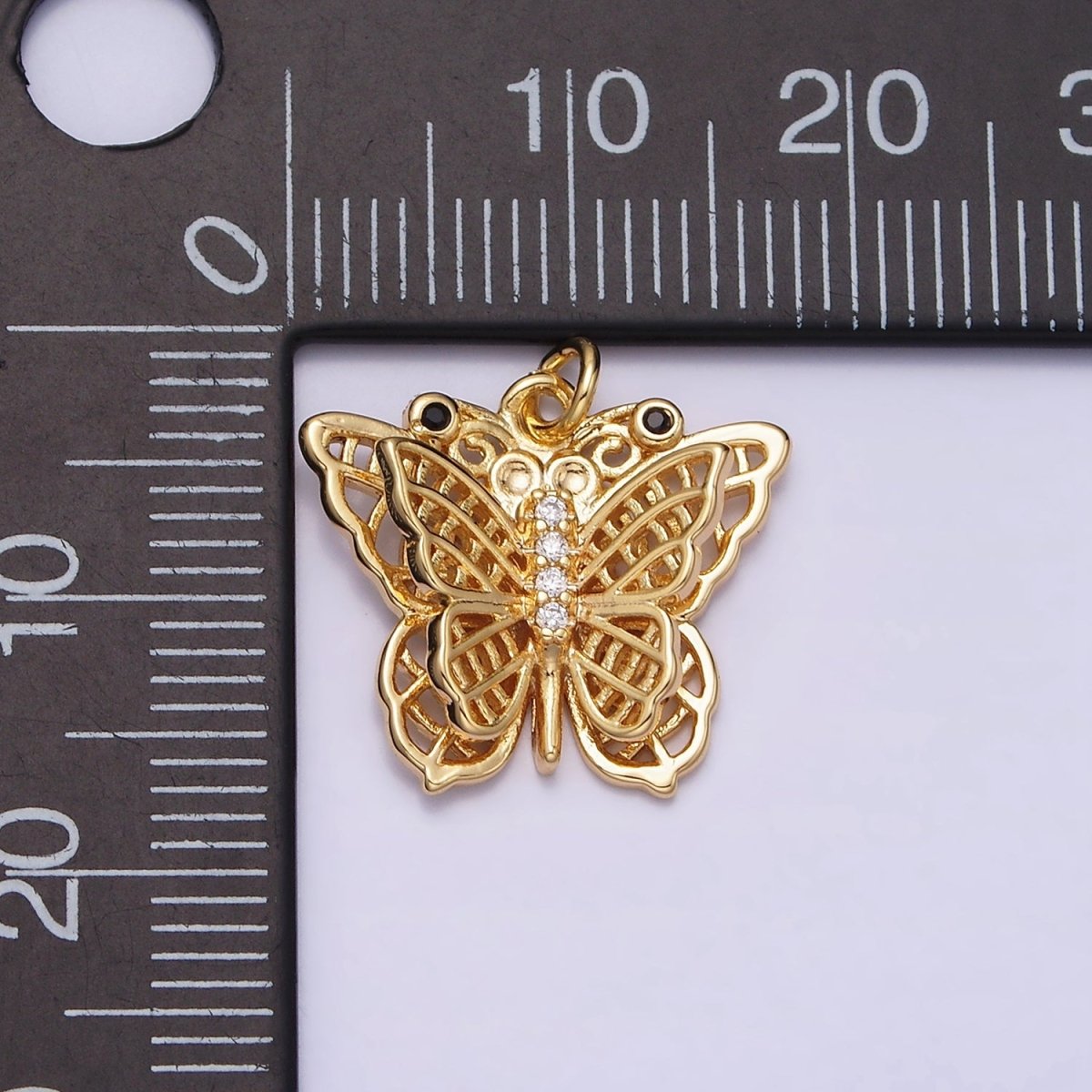 16K Gold Filled Black-Eyed CZ Double Filigree Butterfly Wings Micro Paved Charm in Gold & Silver | AC1292 AC1293 - DLUXCA