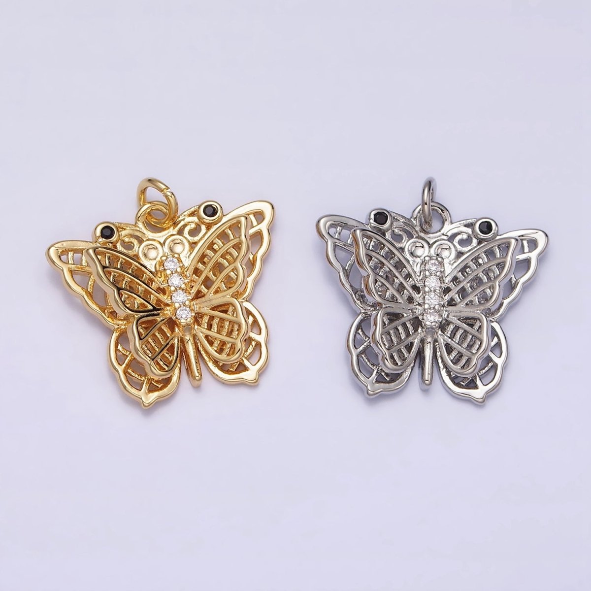 16K Gold Filled Black-Eyed CZ Double Filigree Butterfly Wings Micro Paved Charm in Gold & Silver | AC1292 AC1293 - DLUXCA