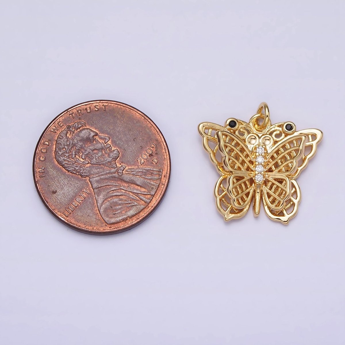 16K Gold Filled Black-Eyed CZ Double Filigree Butterfly Wings Micro Paved Charm in Gold & Silver | AC1292 AC1293 - DLUXCA