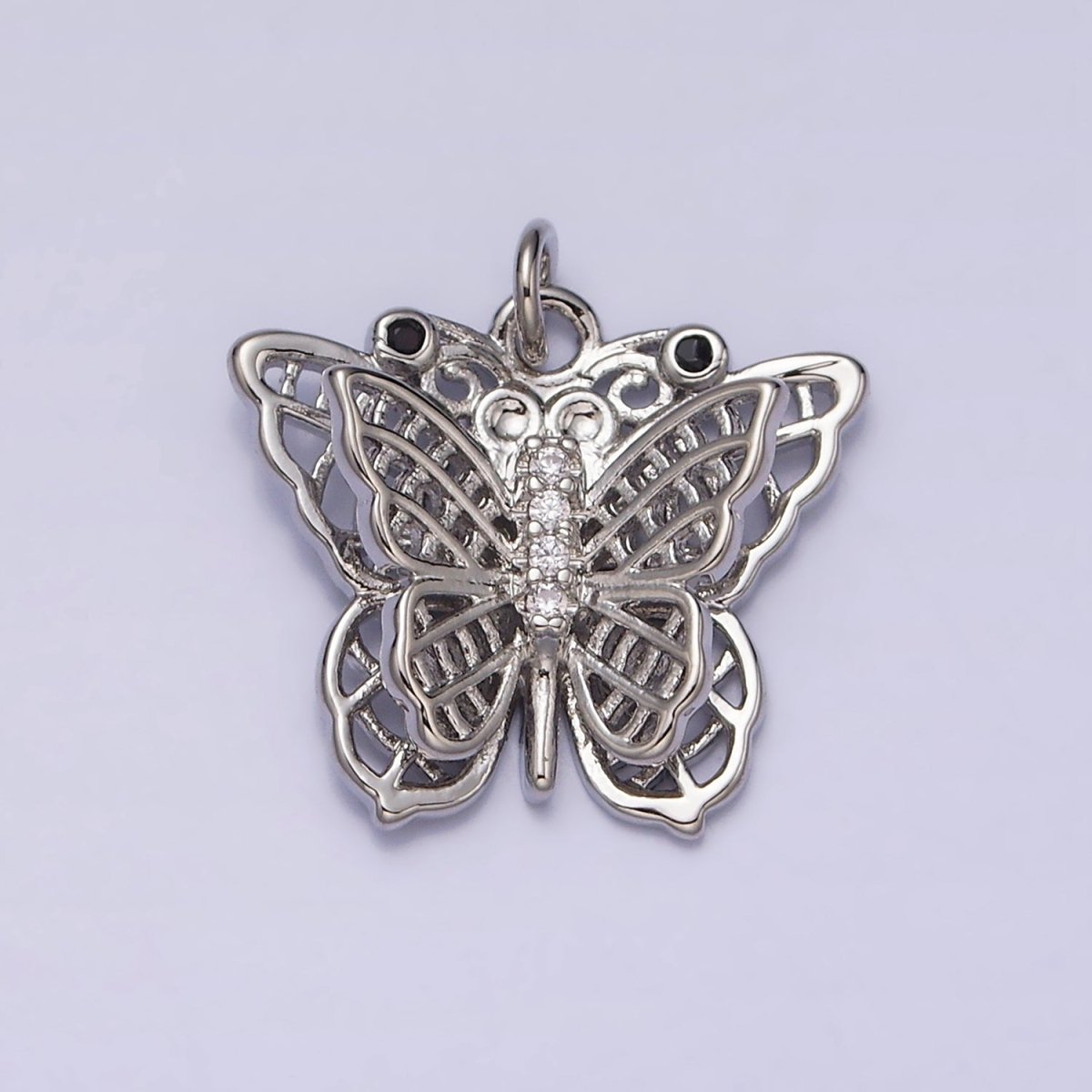 16K Gold Filled Black-Eyed CZ Double Filigree Butterfly Wings Micro Paved Charm in Gold & Silver | AC1292 AC1293 - DLUXCA