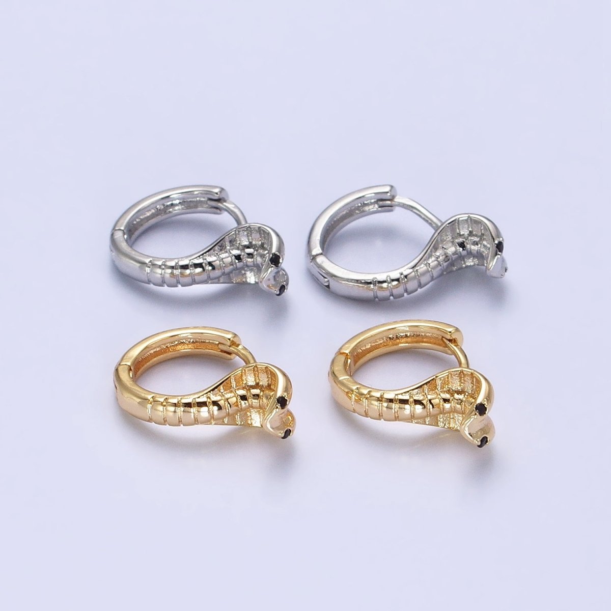 16K Gold Filled Black-Eyed CZ Scaled Serpent Snake 12mm Cartilage Huggie Earrings in Silver & Gold | AB462 AB468 - DLUXCA