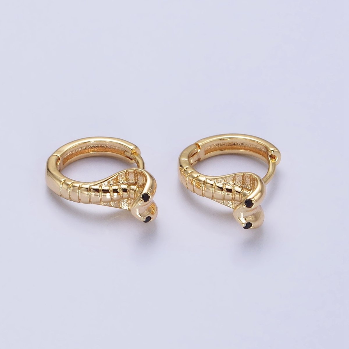 16K Gold Filled Black-Eyed CZ Scaled Serpent Snake 12mm Cartilage Huggie Earrings in Silver & Gold | AB462 AB468 - DLUXCA