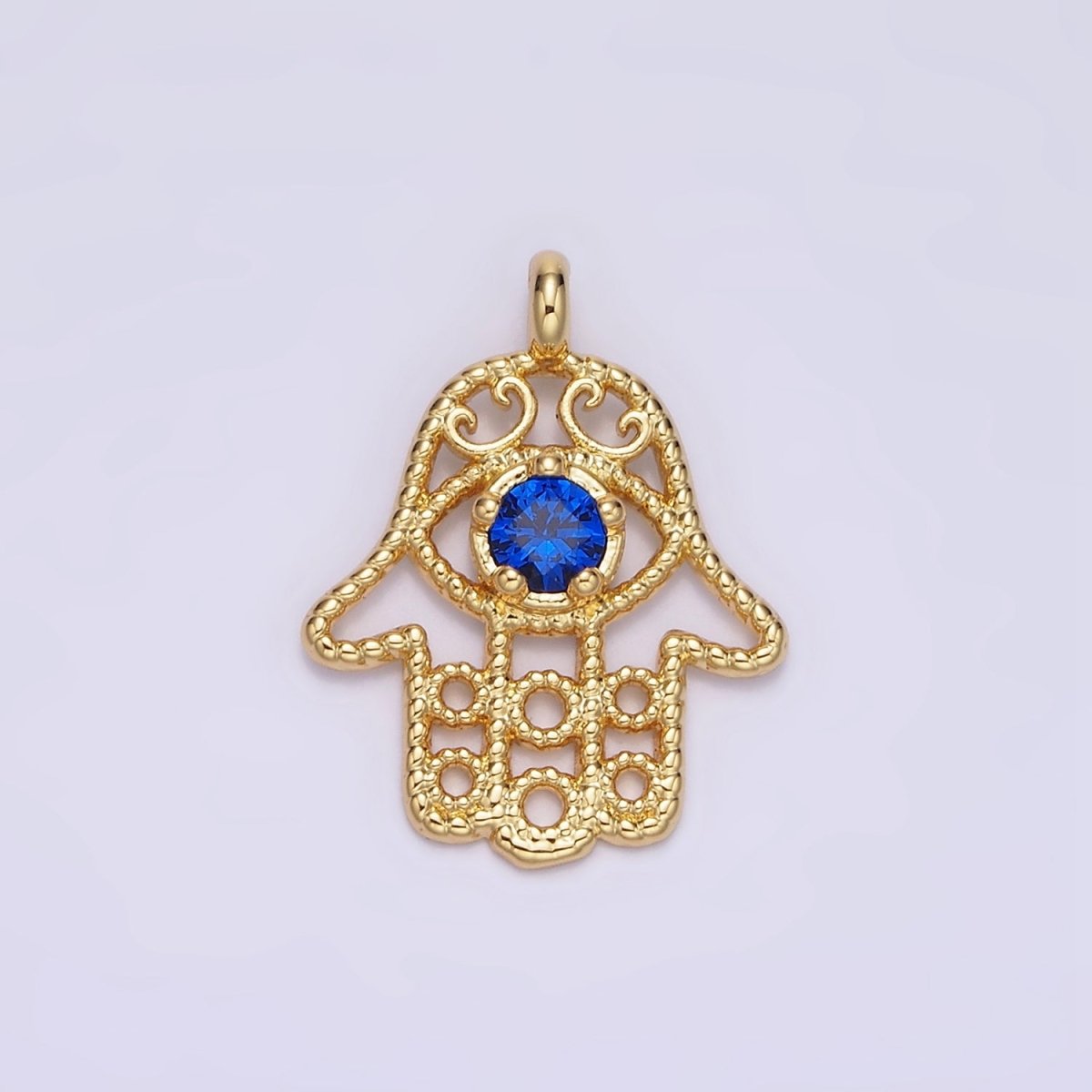 16K Gold Filled Blue CZ Elaborate Twisted Open Hamsa Hand Pendant | N1522 - DLUXCA