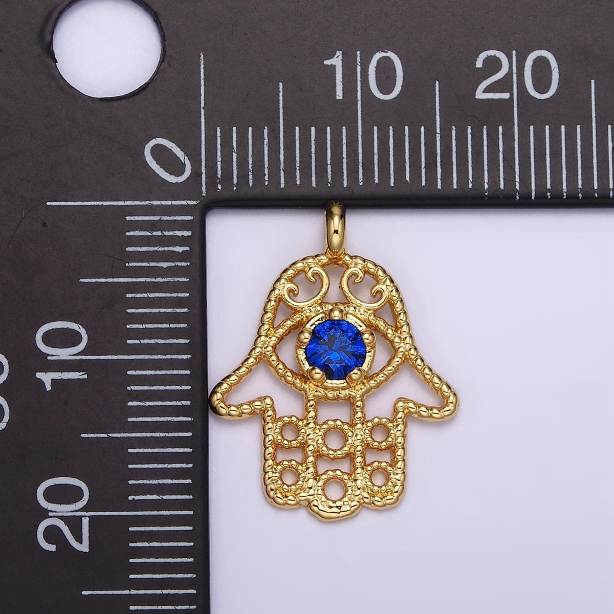 16K Gold Filled Blue CZ Elaborate Twisted Open Hamsa Hand Pendant | N1522 - DLUXCA