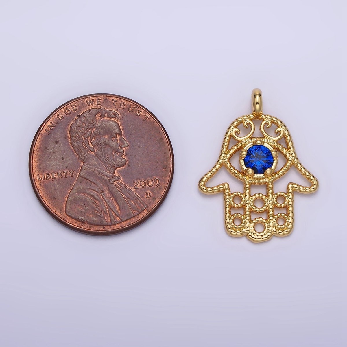 16K Gold Filled Blue CZ Elaborate Twisted Open Hamsa Hand Pendant | N1522 - DLUXCA