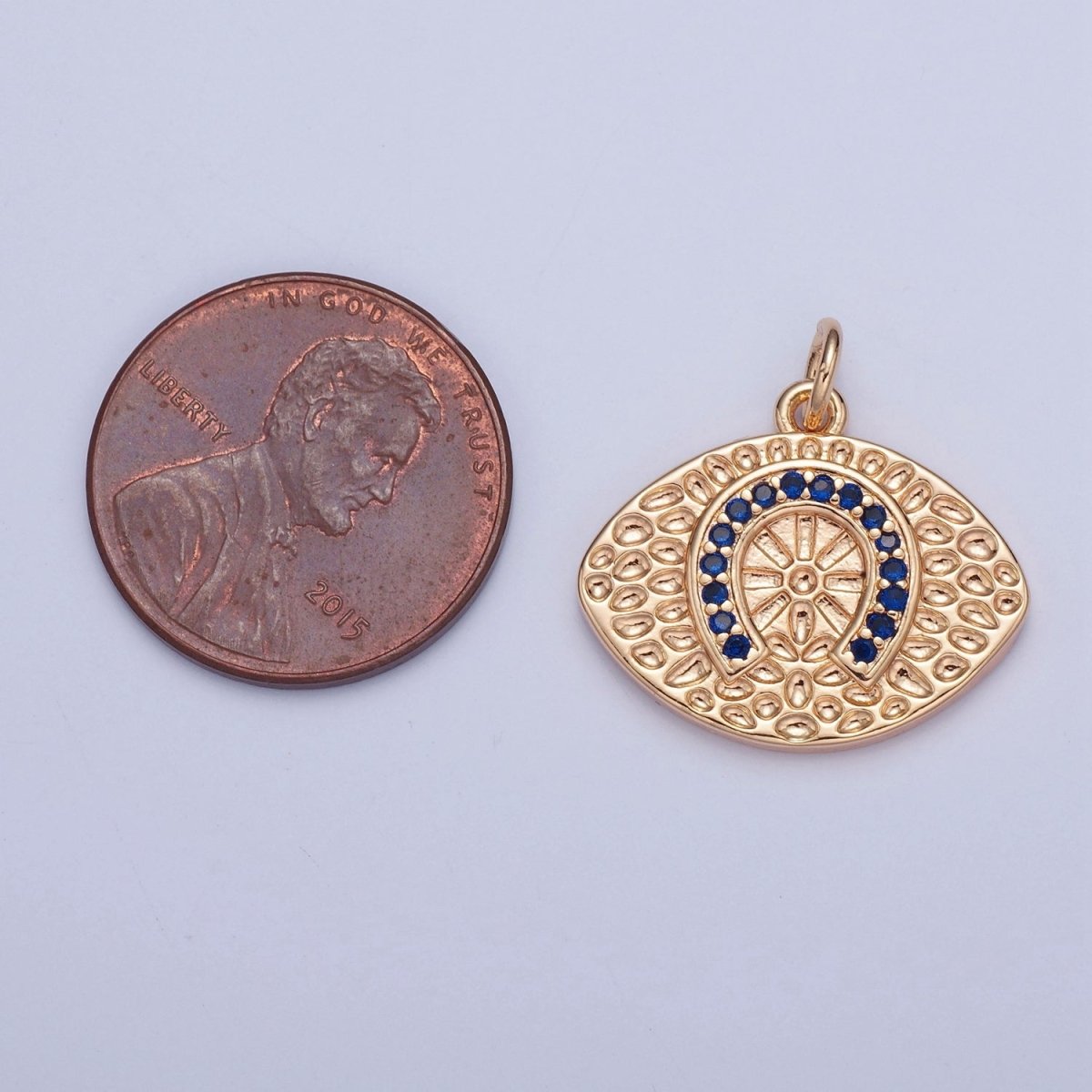 16K Gold Filled Blue CZ Horseshoe Evil Eye Hammered Luck Protection Charm | W-312 - DLUXCA