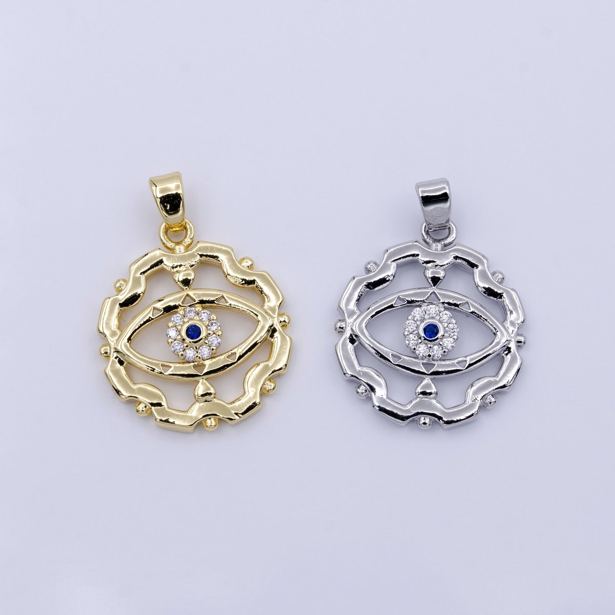 16K Gold Filled Blue-Eyed CZ Micro Paved Open Artisan Evil Eye Dotted Outline Pendant in Gold & Silver | AA429 AA430 - DLUXCA