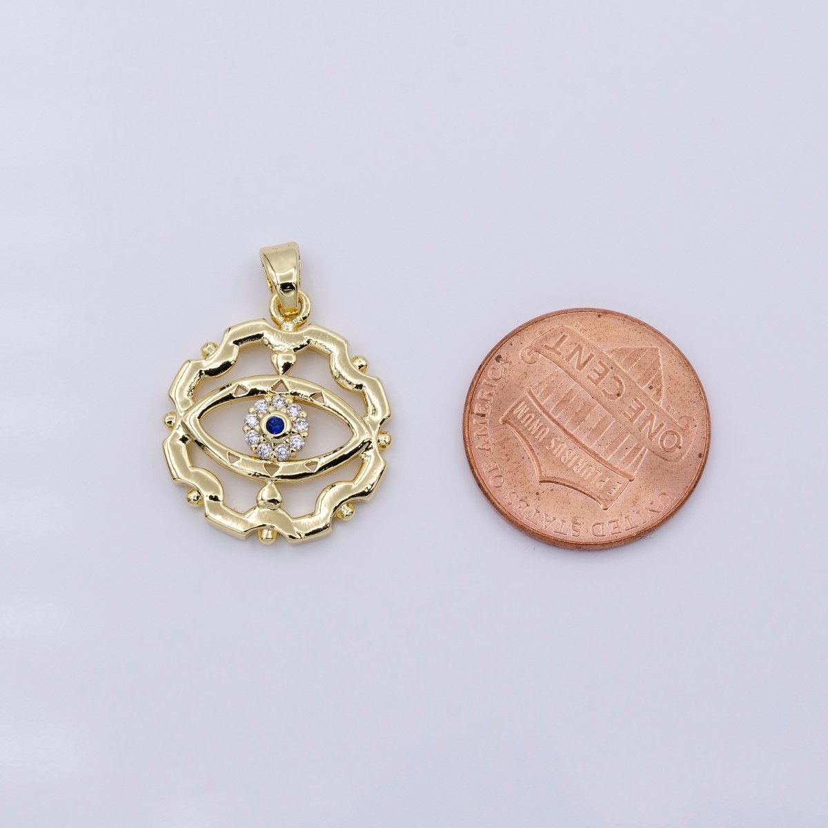 16K Gold Filled Blue-Eyed CZ Micro Paved Open Artisan Evil Eye Dotted Outline Pendant in Gold & Silver | AA429 AA430 - DLUXCA
