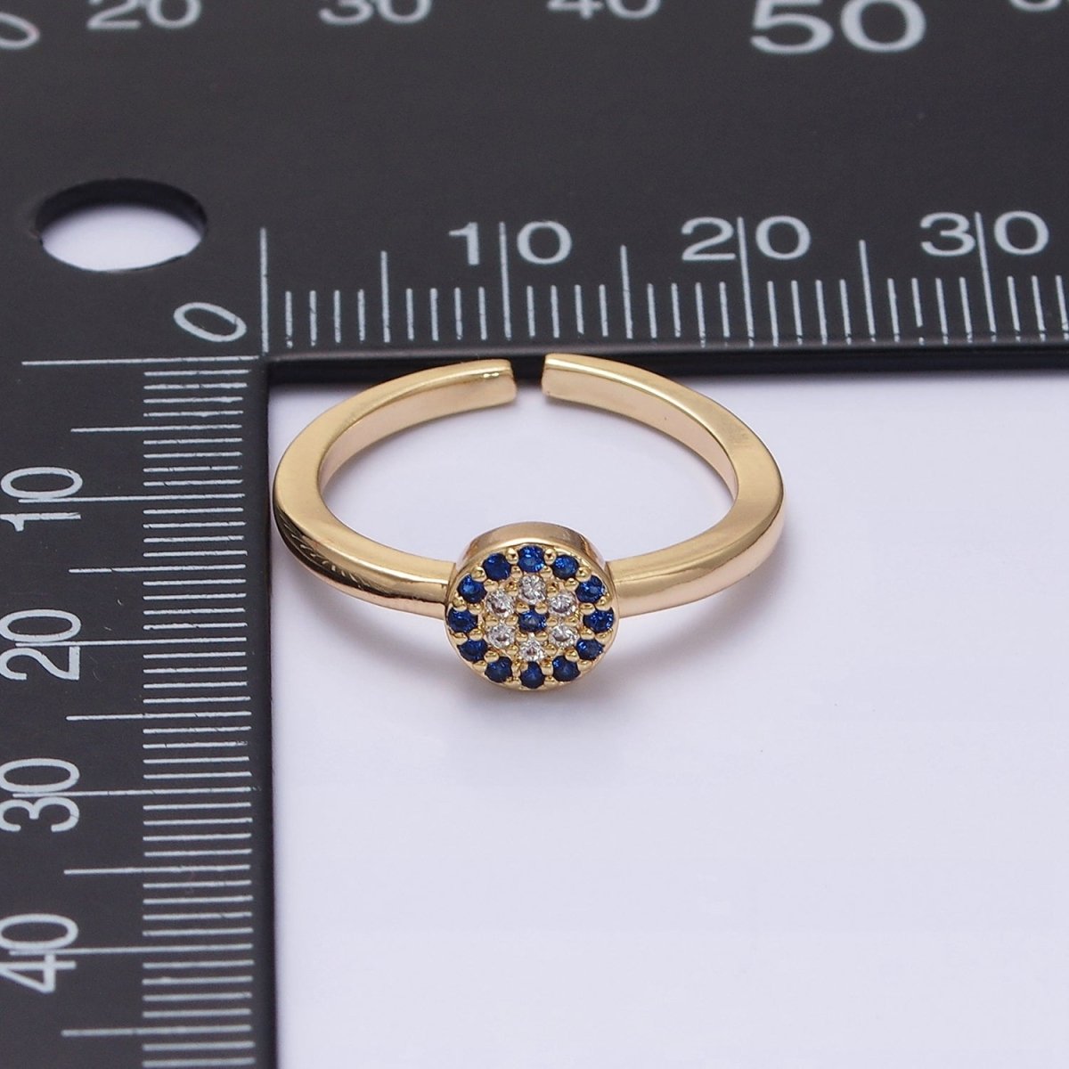 16K Gold Filled Blue Micro Paved CZ Round Evil Eye Adjustable Ring in Gold & Silver | O-1627 O-1628 - DLUXCA