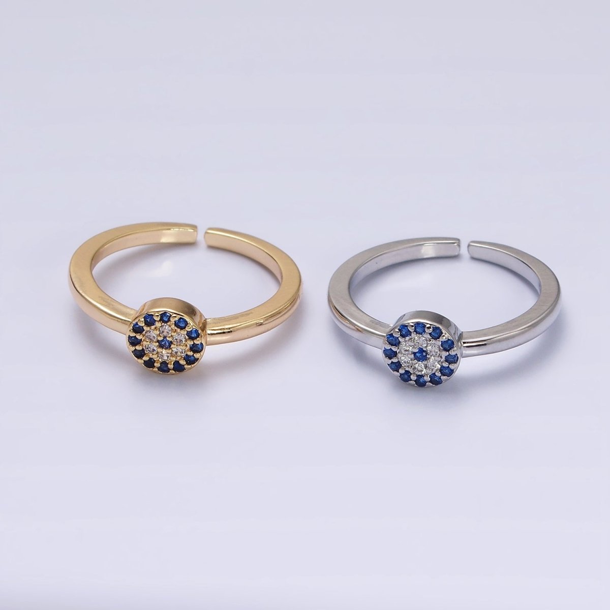 16K Gold Filled Blue Micro Paved CZ Round Evil Eye Adjustable Ring in Gold & Silver | O-1627 O-1628 - DLUXCA