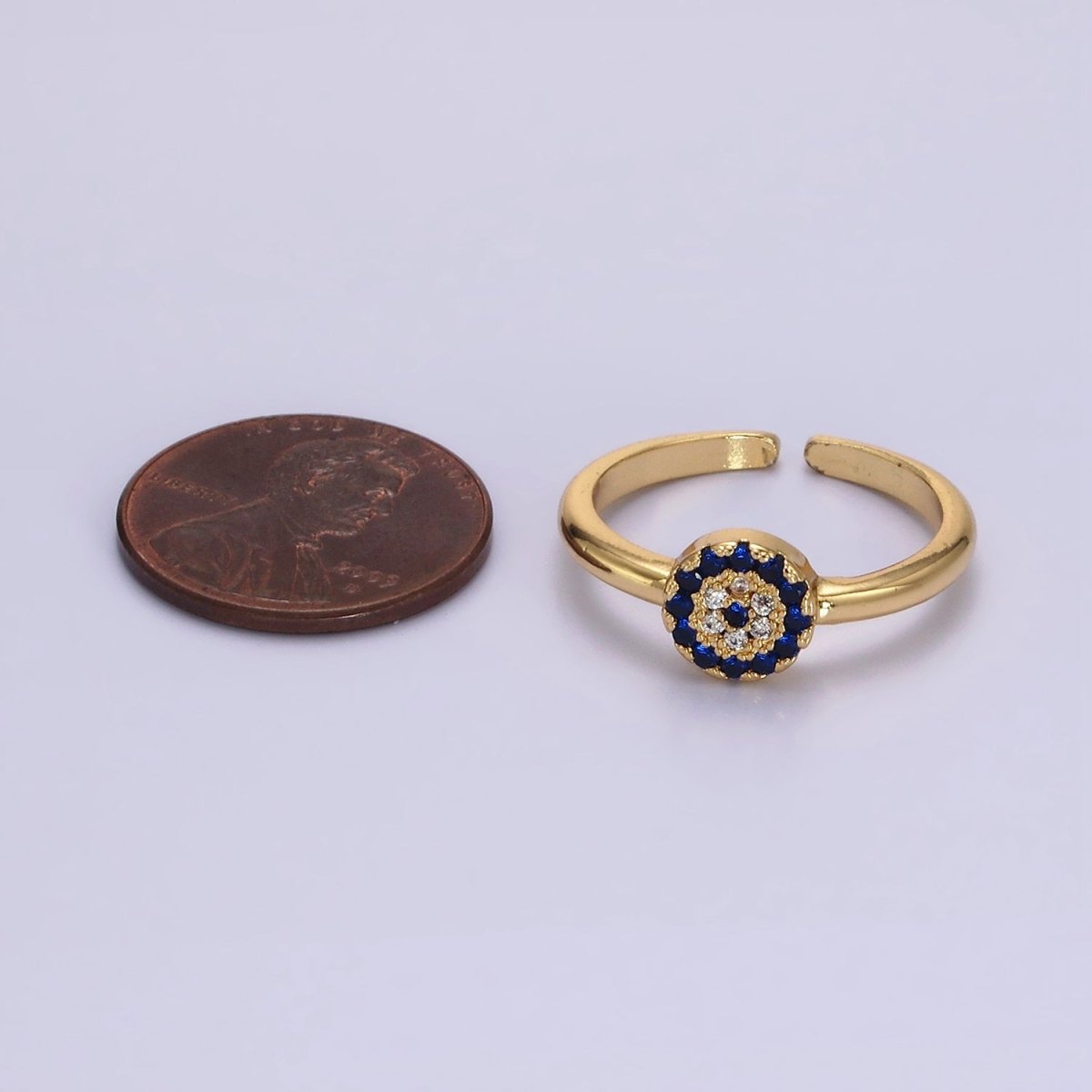 16K Gold Filled Blue Micro Paved CZ Round Evil Eye Ring | O1052 - DLUXCA