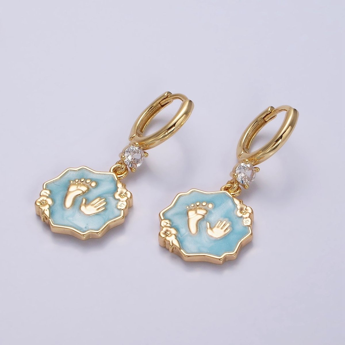 16K Gold Filled Blue, Pink, White Sparkly Enamel Flower Baby Shower Hand & Feet CZ Drop Huggie Earrings | Y-815 ~ Y-817 - DLUXCA