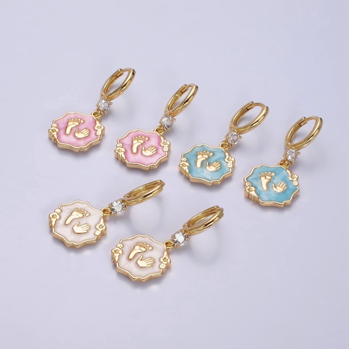 16K Gold Filled Blue, Pink, White Sparkly Enamel Flower Baby Shower Hand & Feet CZ Drop Huggie Earrings | Y-815 ~ Y-817 - DLUXCA