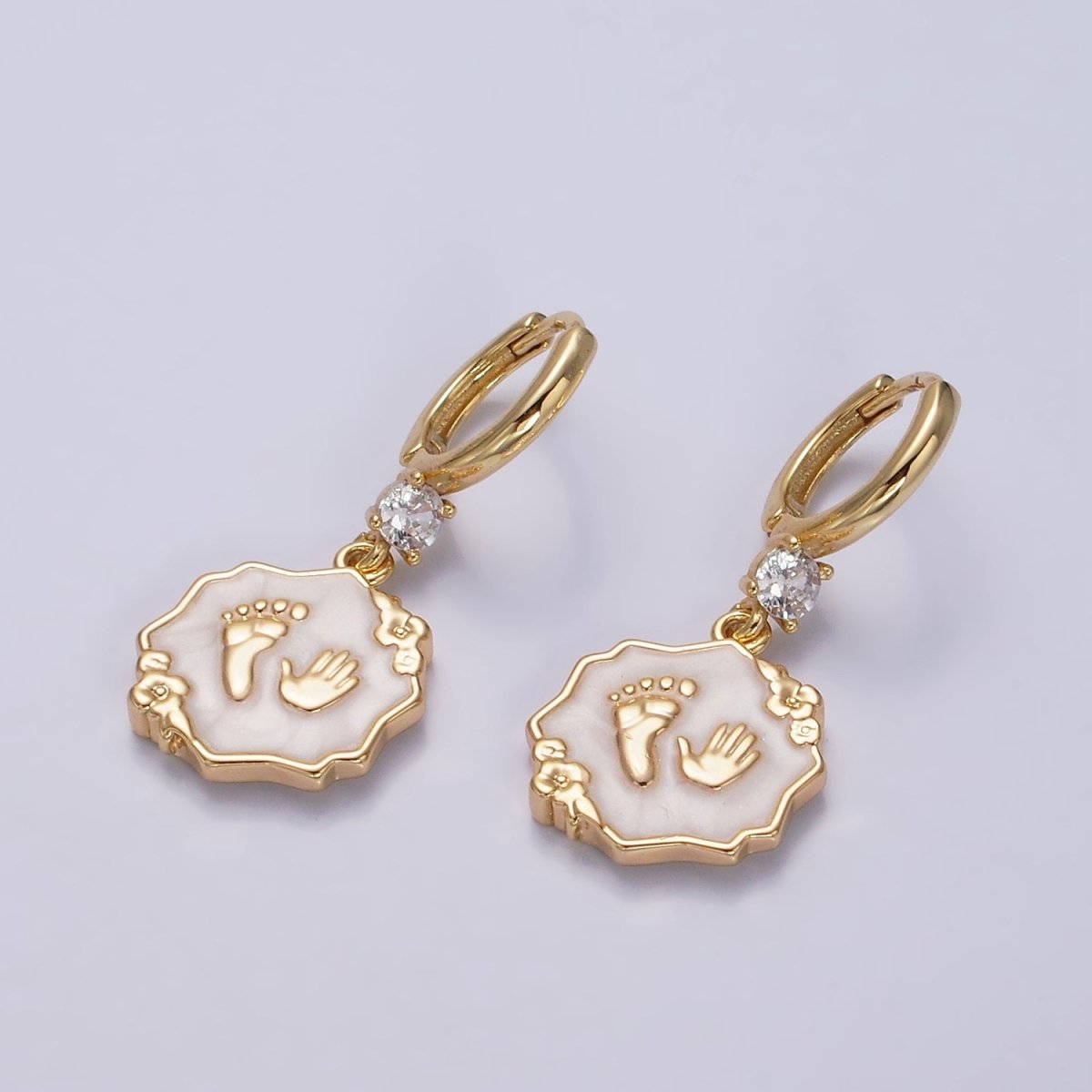 16K Gold Filled Blue, Pink, White Sparkly Enamel Flower Baby Shower Hand & Feet CZ Drop Huggie Earrings | Y-815 ~ Y-817 - DLUXCA