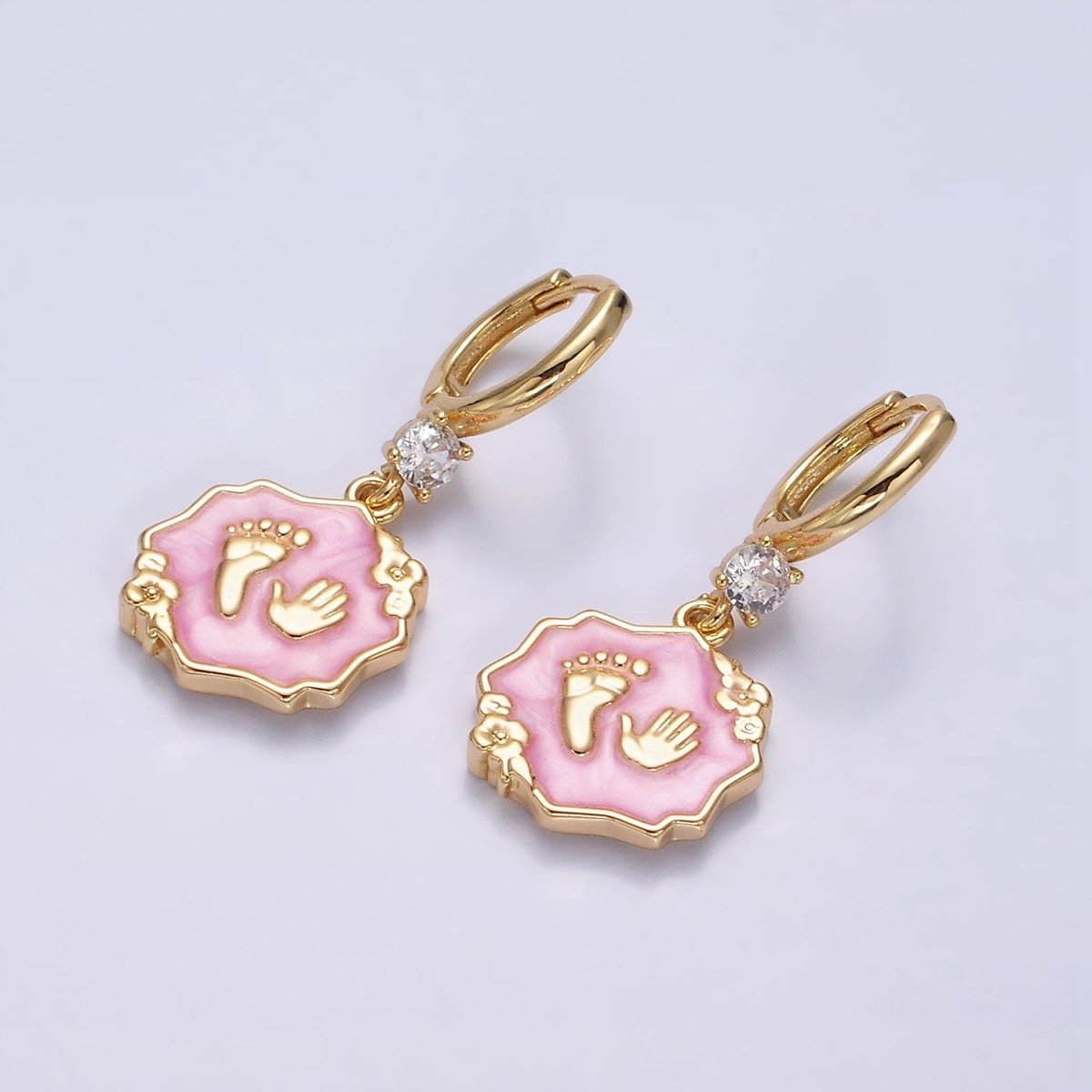 16K Gold Filled Blue, Pink, White Sparkly Enamel Flower Baby Shower Hand & Feet CZ Drop Huggie Earrings | Y-815 ~ Y-817 - DLUXCA