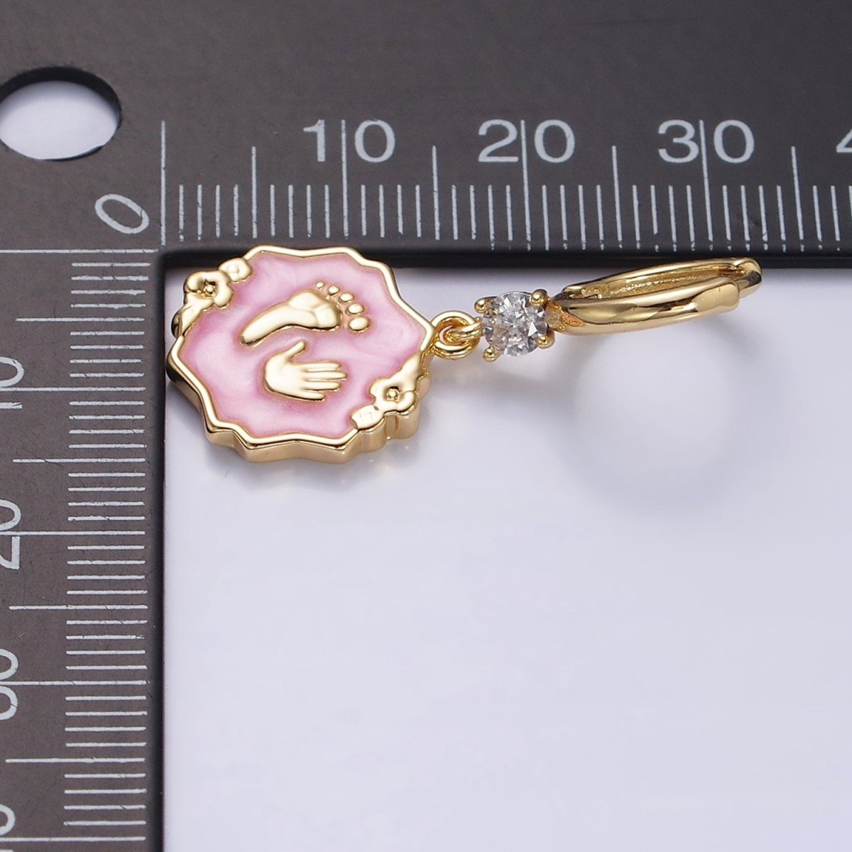 16K Gold Filled Blue, Pink, White Sparkly Enamel Flower Baby Shower Hand & Feet CZ Drop Huggie Earrings | Y-815 ~ Y-817 - DLUXCA