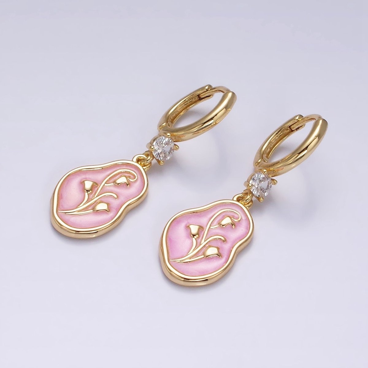 16K Gold Filled Blue, Pink, White Sparkly Enamel Tulip April Birth Flower Abstract CZ Drop Huggie Earrings | Y-818 ~ Y-820 - DLUXCA