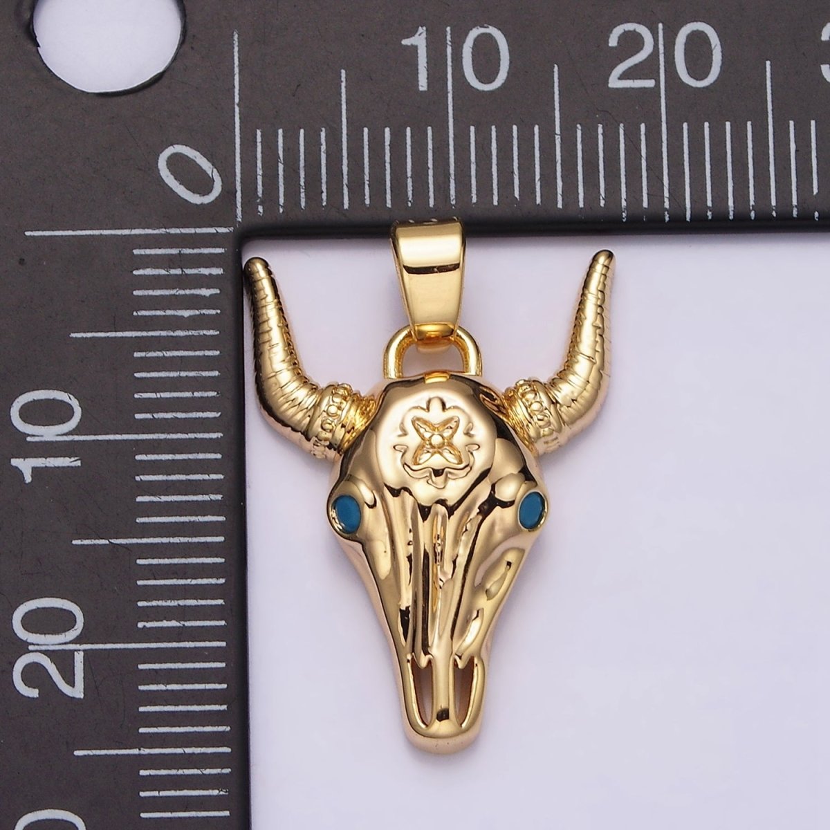 16K Gold Filled Blue Turquoise-Eyed Horned Ox Bull Head Animal Pendant | AA495 - DLUXCA