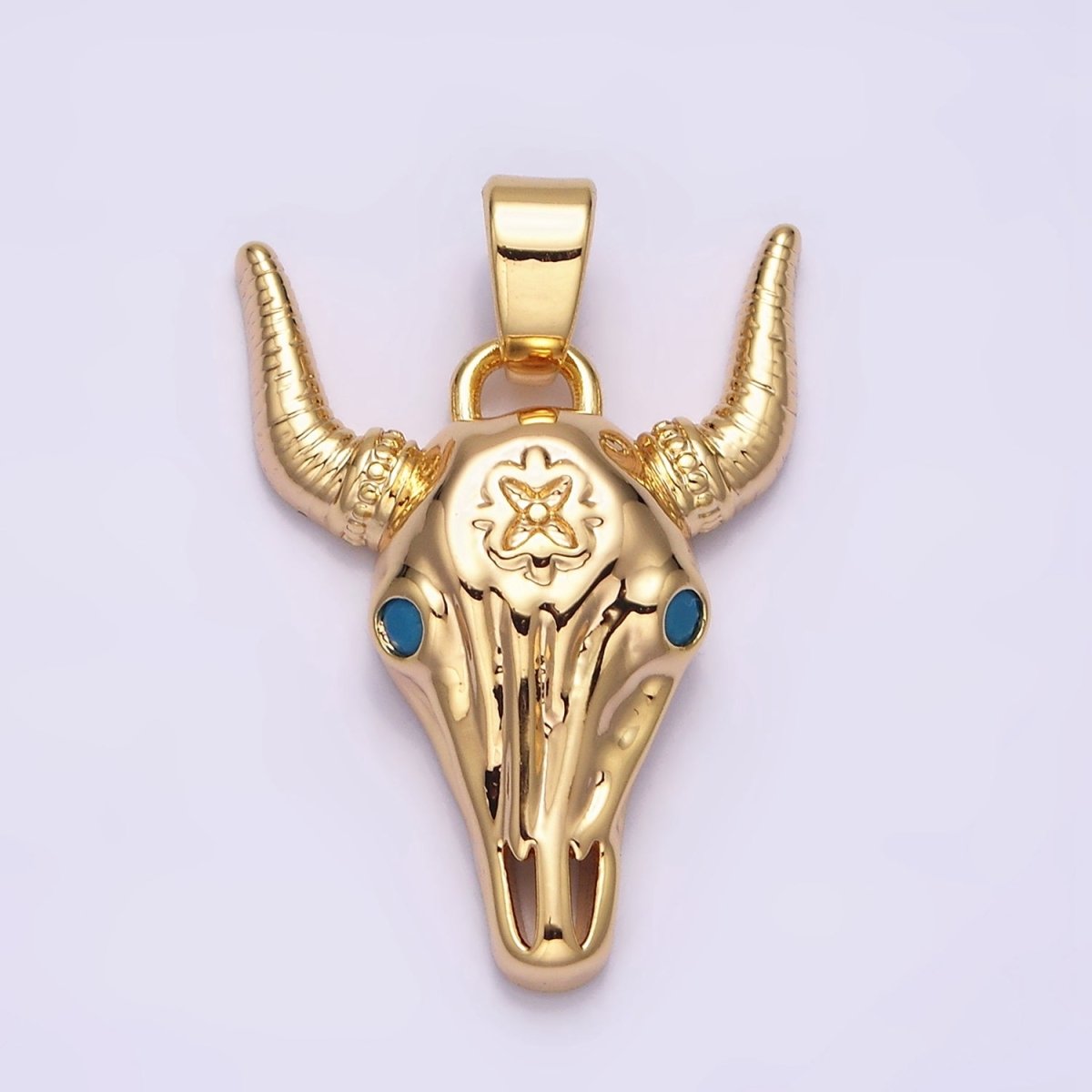 16K Gold Filled Blue Turquoise-Eyed Horned Ox Bull Head Animal Pendant | AA495 - DLUXCA