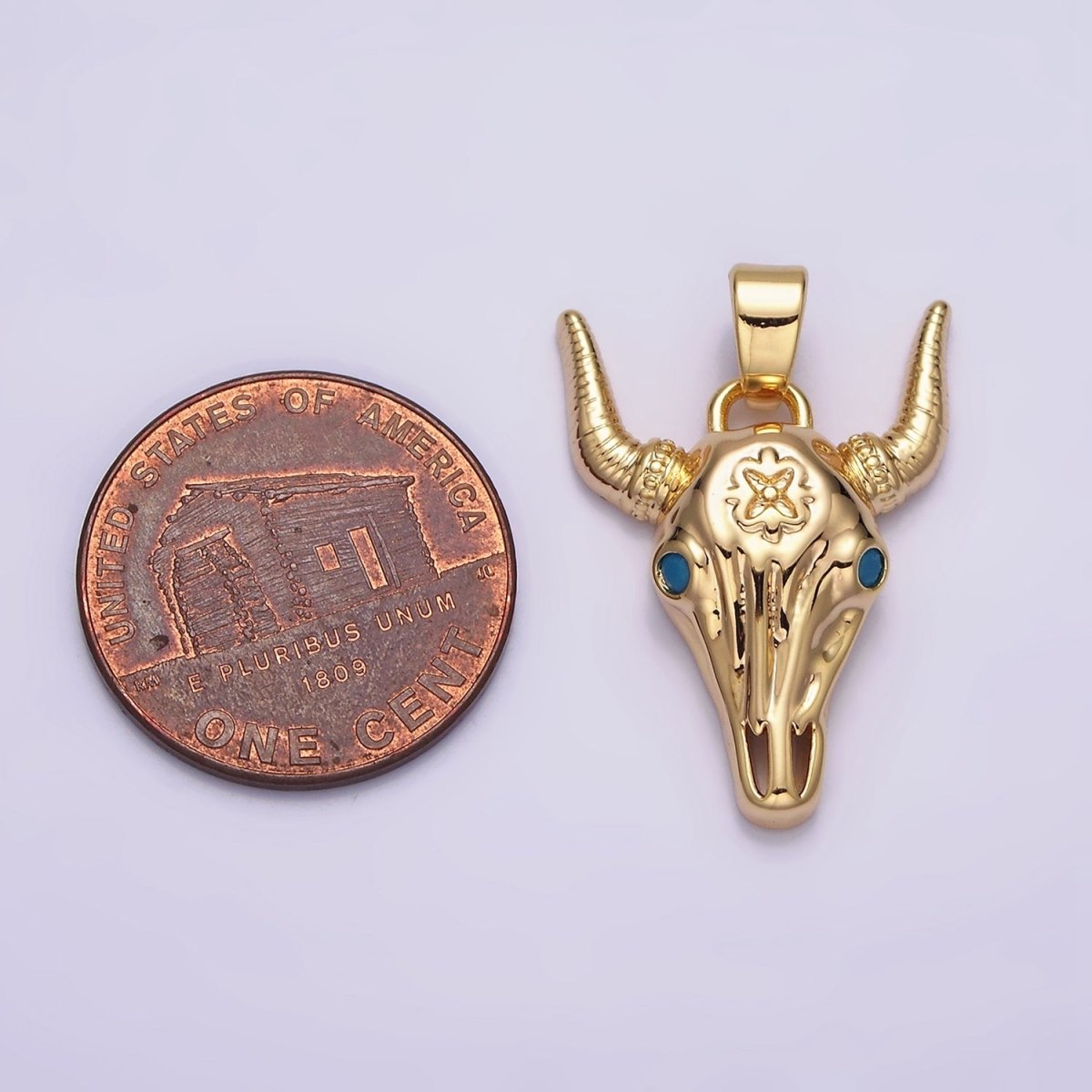 16K Gold Filled Blue Turquoise-Eyed Horned Ox Bull Head Animal Pendant | AA495 - DLUXCA