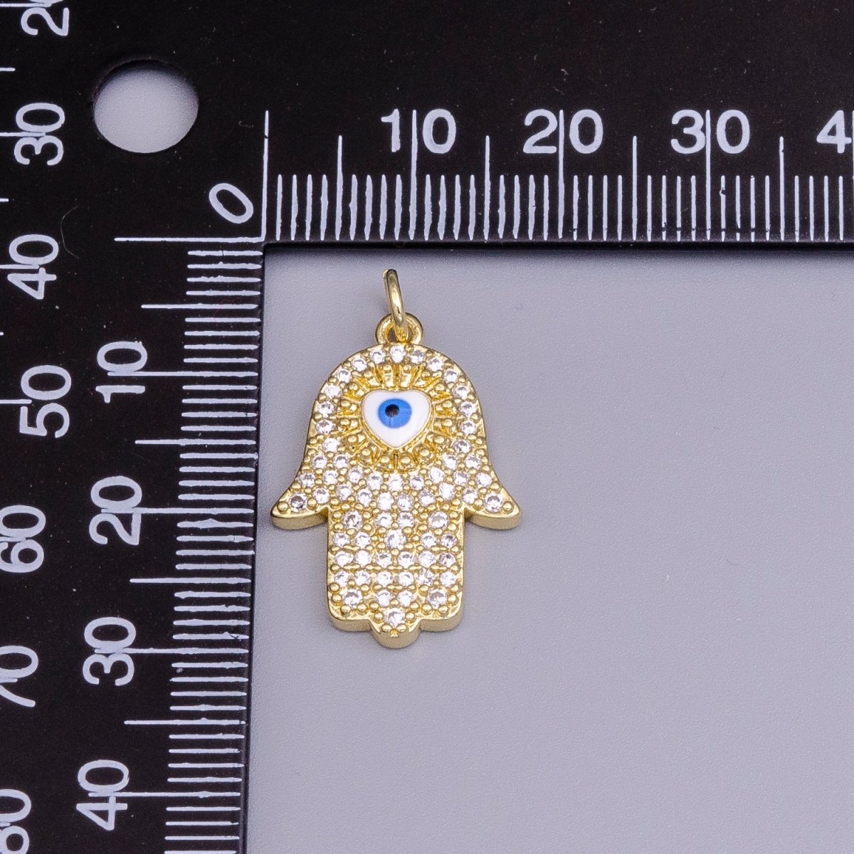 16K Gold Filled Blue, White Evil Eye Enamel Micro Paved CZ Hamsa Hand Charm | AC1334 AC1335 - DLUXCA