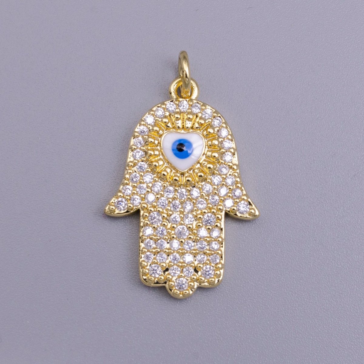 16K Gold Filled Blue, White Evil Eye Enamel Micro Paved CZ Hamsa Hand Charm | AC1334 AC1335 - DLUXCA