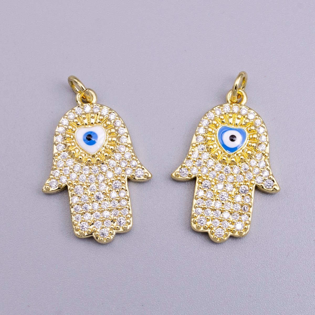 16K Gold Filled Blue, White Evil Eye Enamel Micro Paved CZ Hamsa Hand Charm | AC1334 AC1335 - DLUXCA